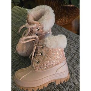 LONDON FOG - Kids Pink Glitter Faux Fur Trim Duck Boots = Size 6